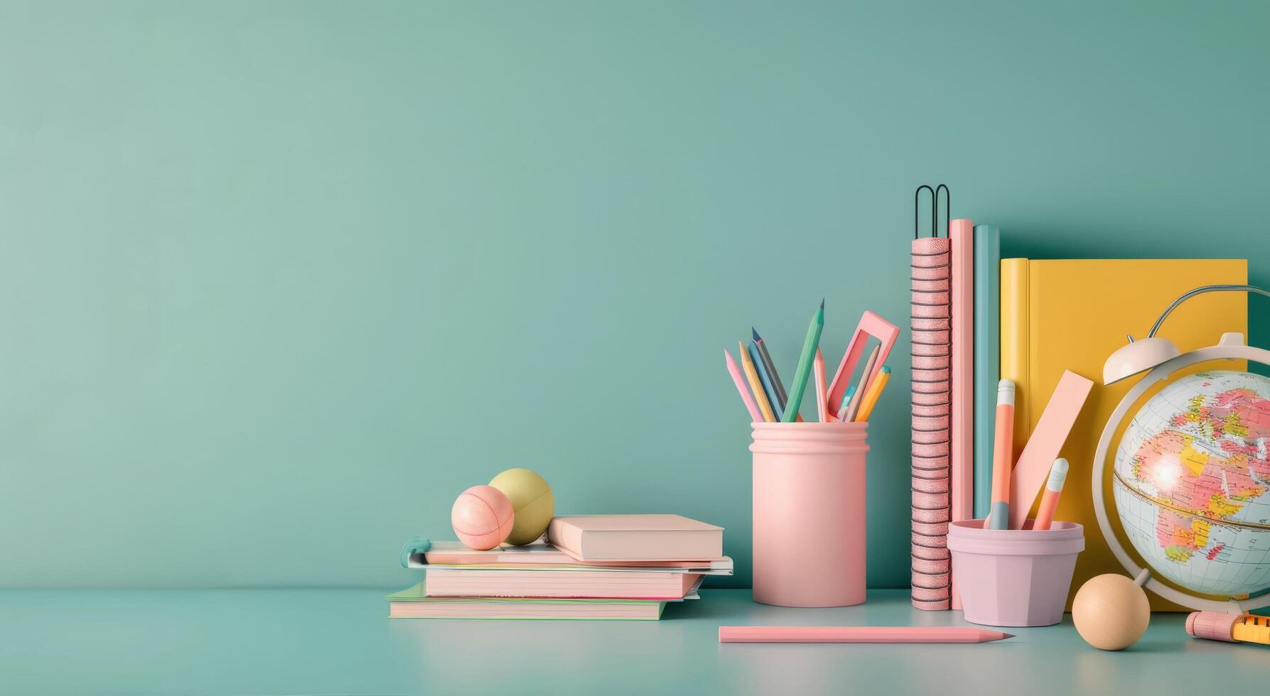 Colorful Office Supplies Next to a Globe on a Desk With a Green Background photo