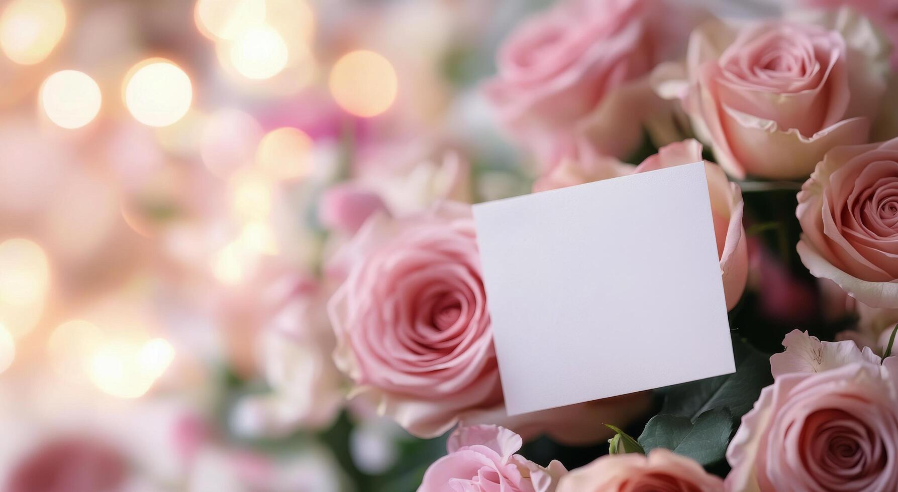 Elegant arrangement of pale roses with a blank card in a soft, romantic setting photo