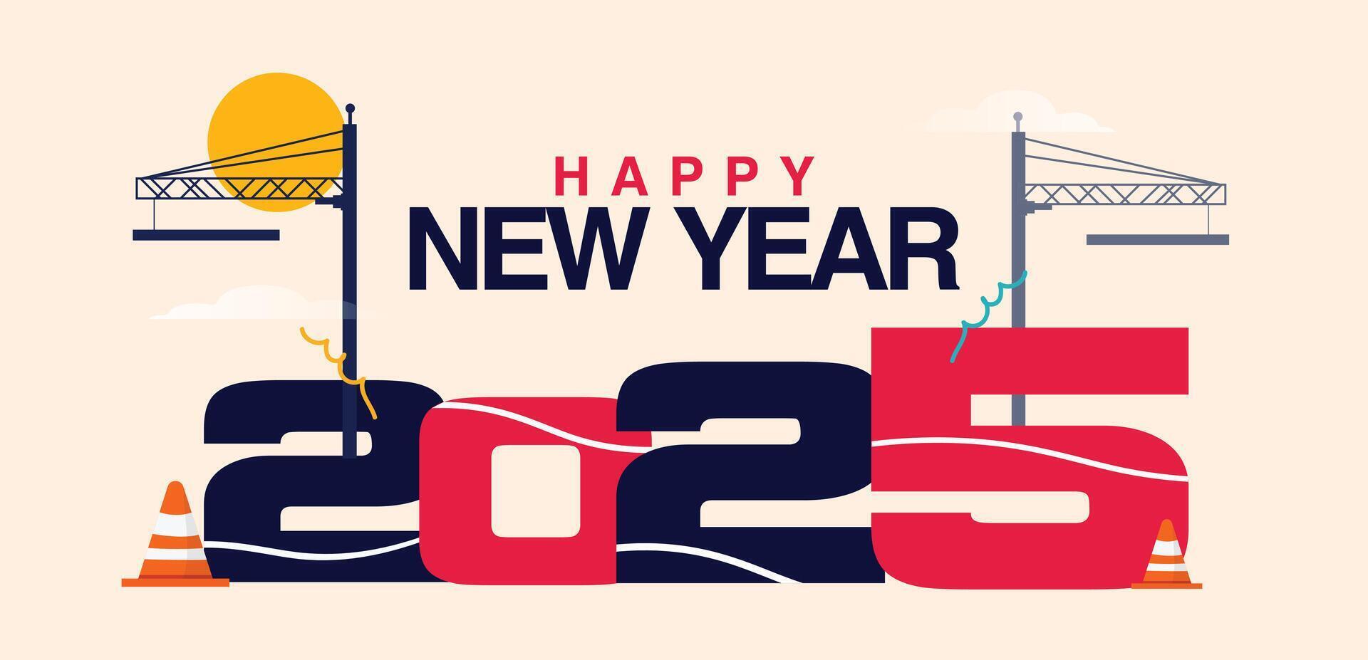 New year 2025 cover banner. Happy new year 2025 social media cover banner with 2, 0, 2, 5 numbers written in black and red colour, construction equipment, orange cones vector