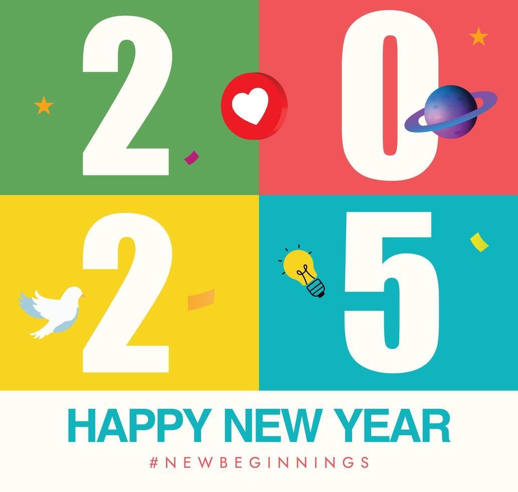 2025 Happy new year. New year 2025 celebration banner, post, background with numbers written in separate colourful boxes, icons of heart, dove bulb vector