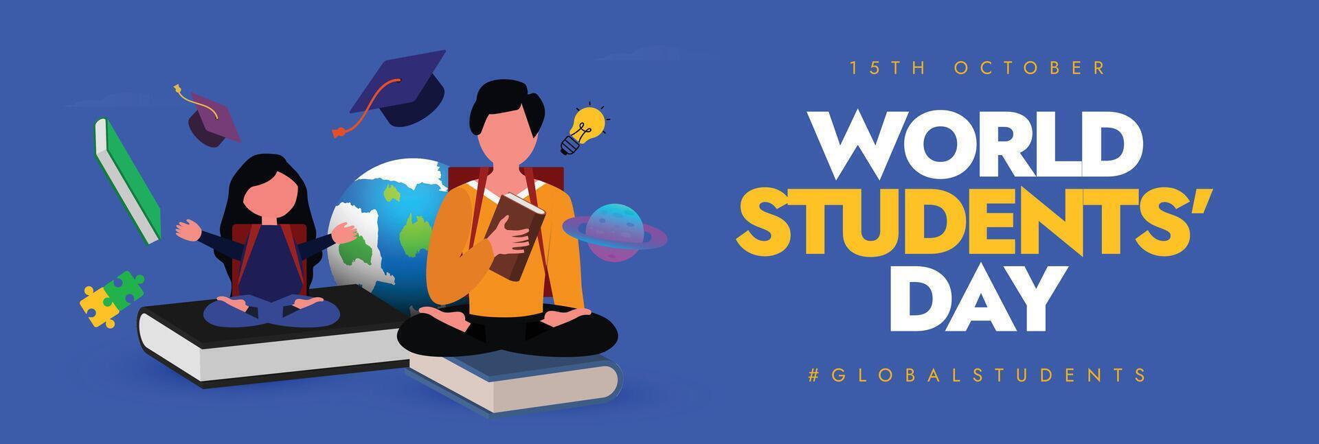 World Students day. 15th October Student's day celebration cover banner with students of different age wearing backpack, icons of books, graduation cap. vector