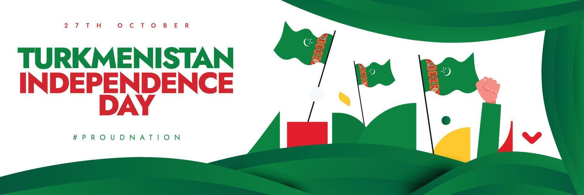 27th October Independence day of Turkmenistan celebration cover banner with its flags, abstract art in flag colours, hand fists in air. vector