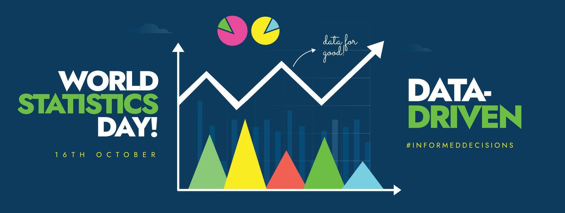 World Statistics Day. 16th October Statistics day celebration cover banner, post with colourful growth statistics showing through triangle graphs, charts. vector