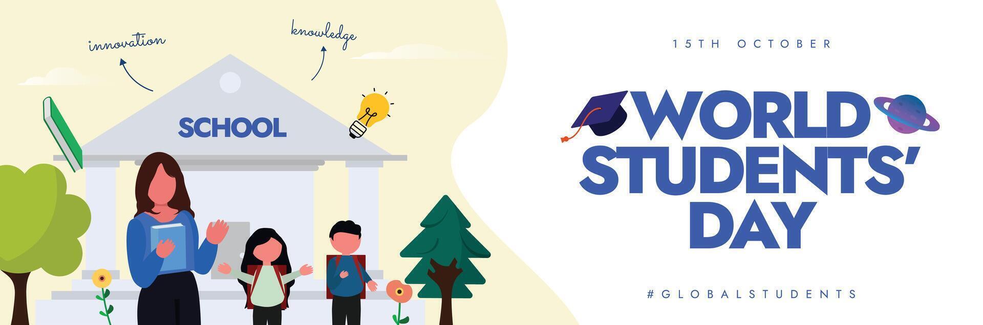 15th October Students day cover banner with teacher, kids in front of school building. World Students Day vector