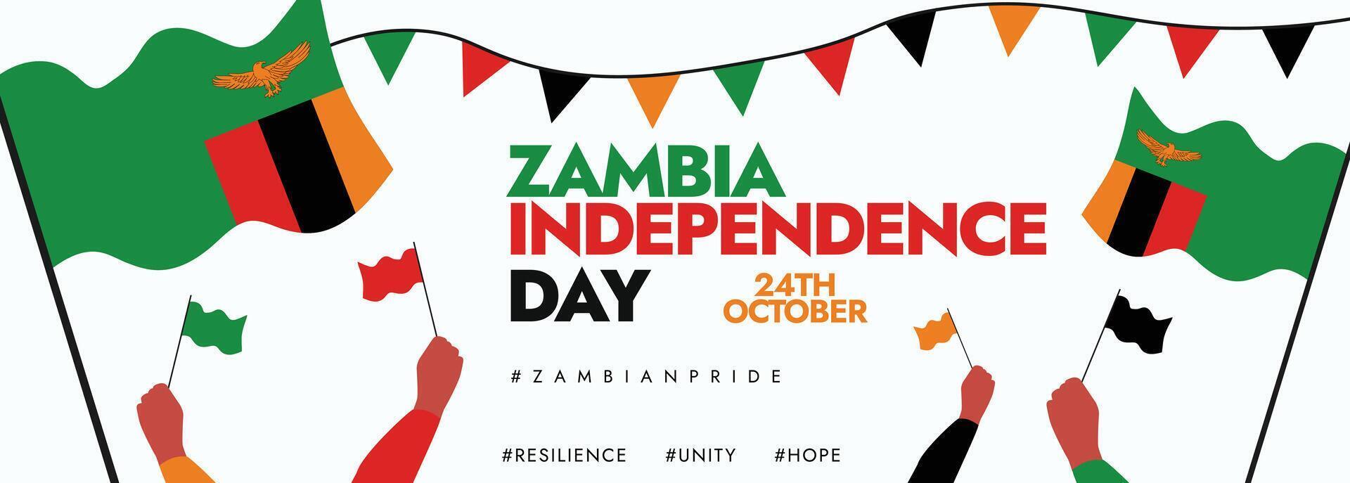 Zambia Independence Day. 24th October Zambia Independence Day celebration cover banner, background with its flags, hands holding its flags, text written in flag colours vector