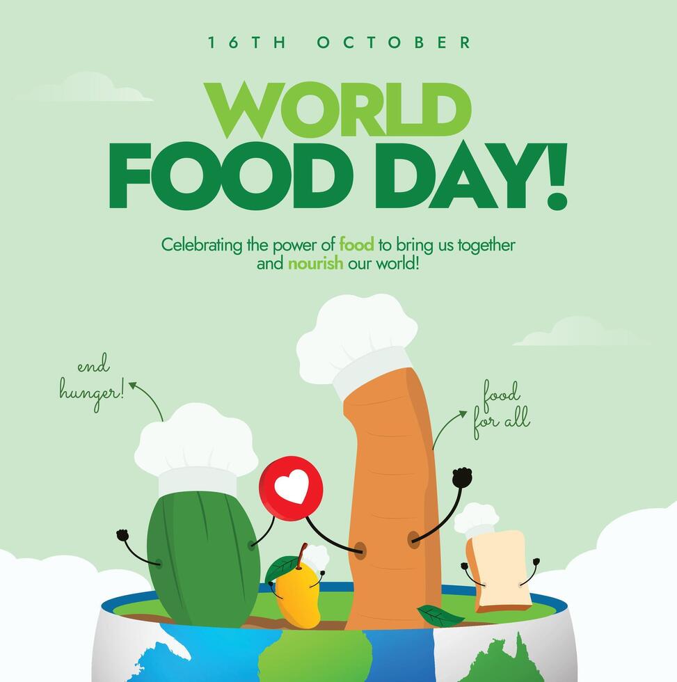 World Food Day. 16th October food day celebration banner with earth globe, fruits and vegetables on it wearing chef hats vector