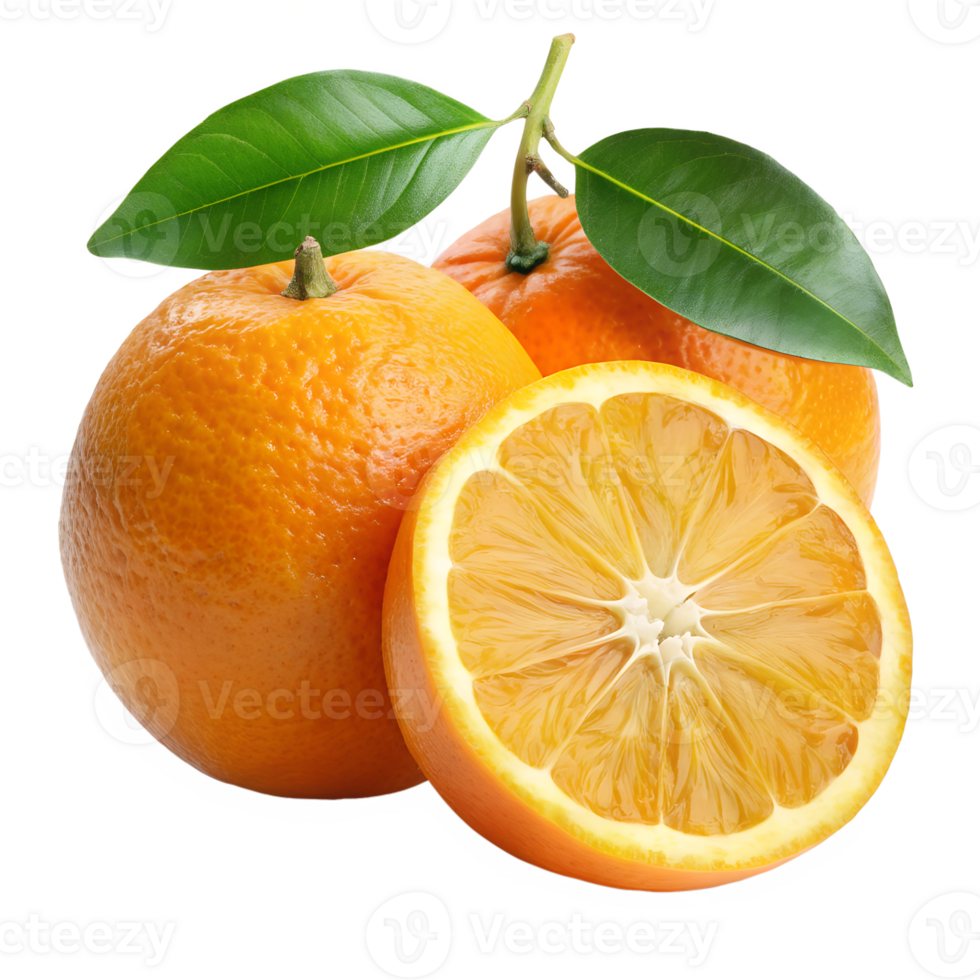 orange and leaf stems and halves isolate on transparency background png