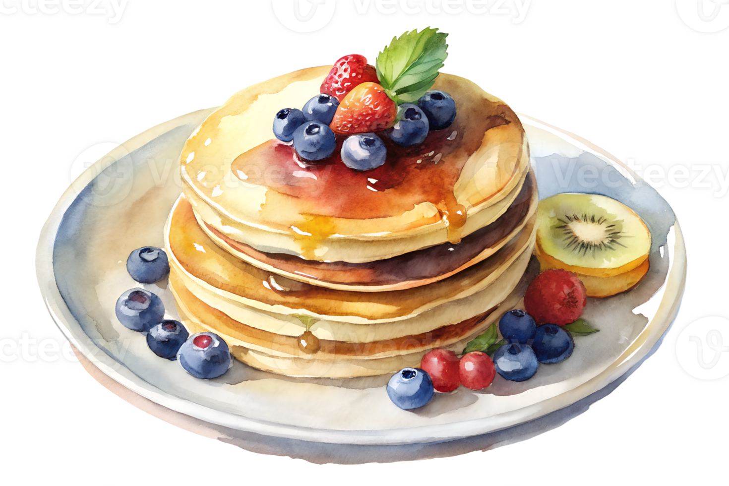 Watercolor hand drawn pancakes with fruits isolate on transparency background png