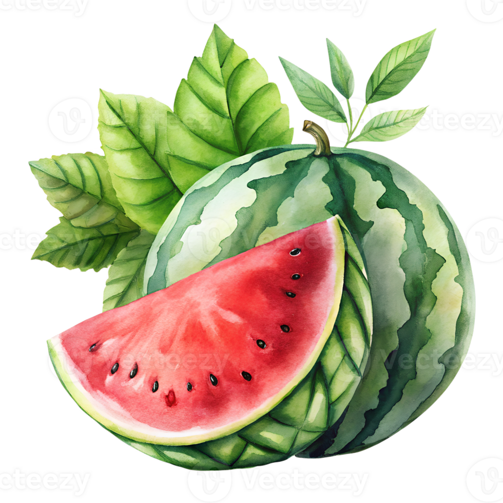 Watercolor hand drawn watermelon with leaves stems isolate on transparency background png