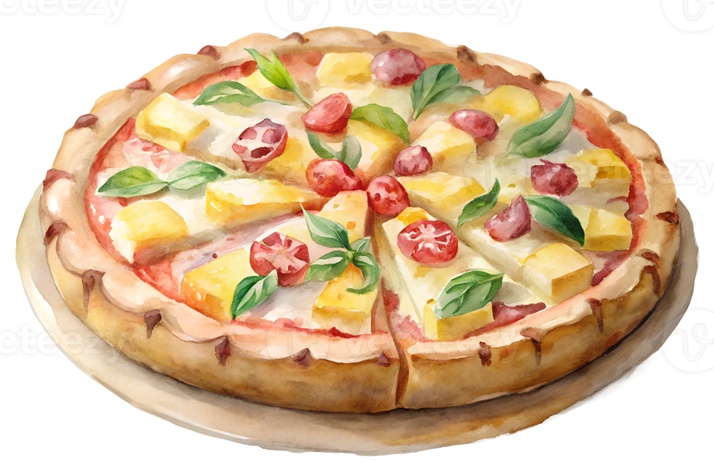 Watercolor hand drawn Pizza Formaggi Hawaiian isolate on transparency background png