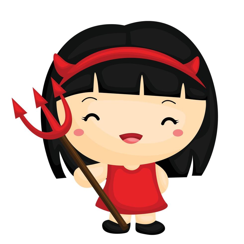 Cute Funny Kids Wearing Devil Halloween Character Costume Party Cartoon Illustration Clipart Sticker Decoration Background vector