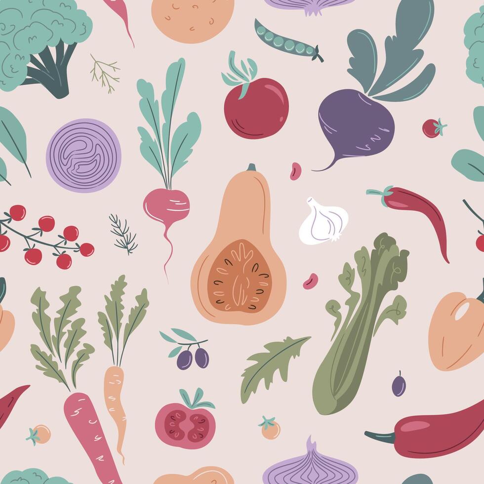 Seamless vegetable pattern. Organic food. Background in flat style. Pumpkin, Tomato, Broccoli, Carrot, Onion, Radishes, Beetroot, Pepper, Cucumber, Potato, Mushrooms, Olives vector