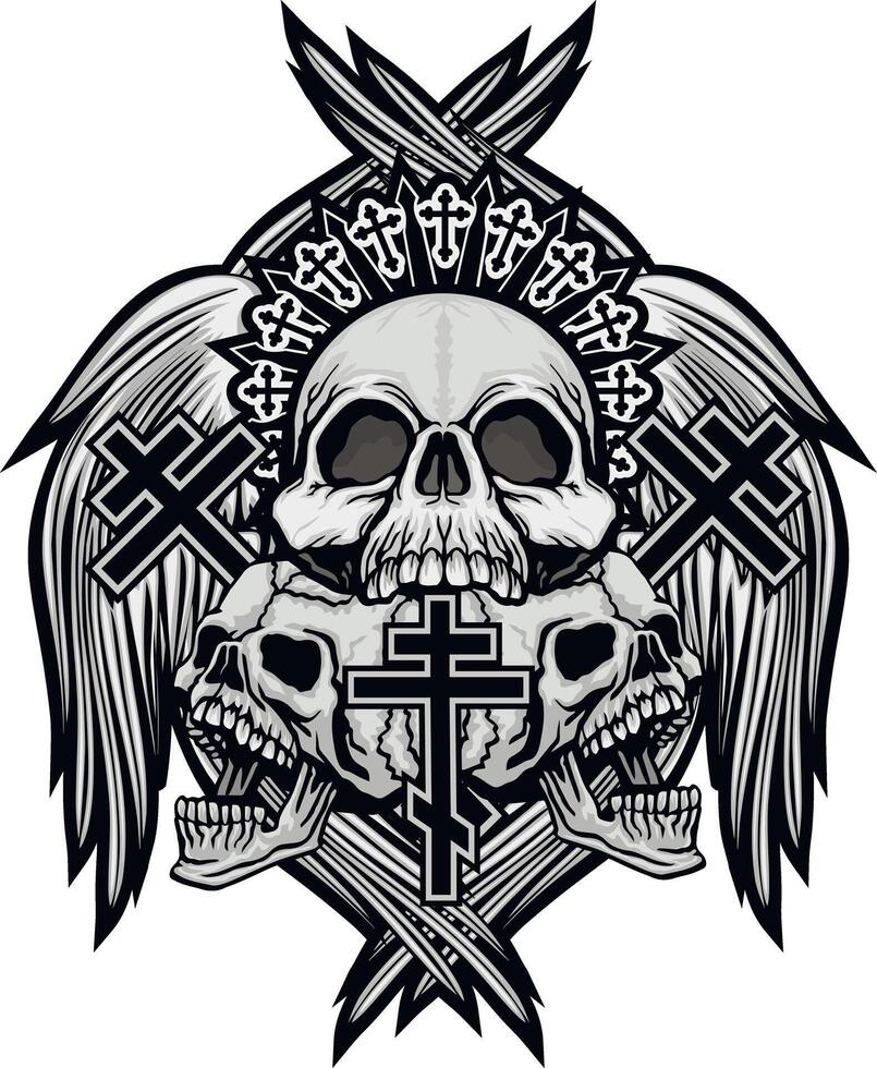 skulls with six wings and orthodox cross vector