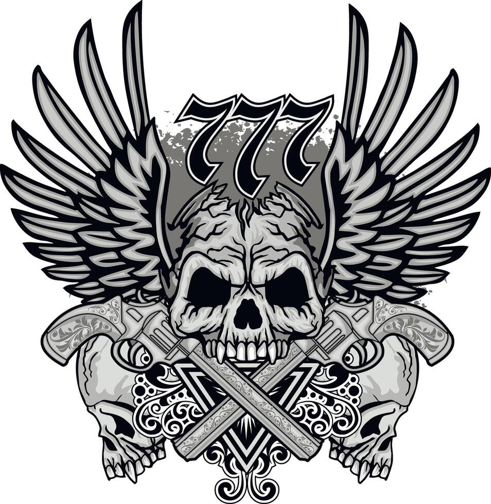 skull with wings and revolvers vector