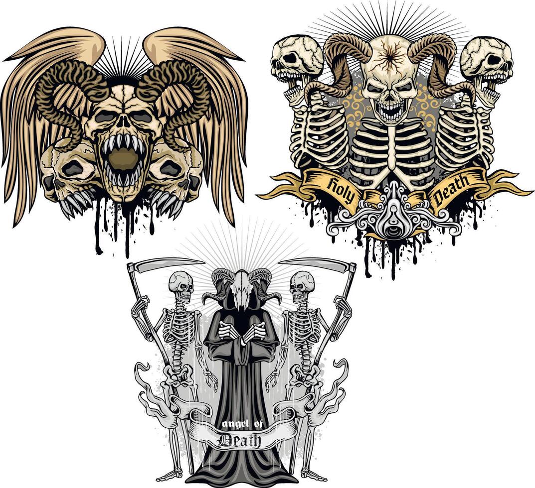 Set, horned skull, design t-shirts vector