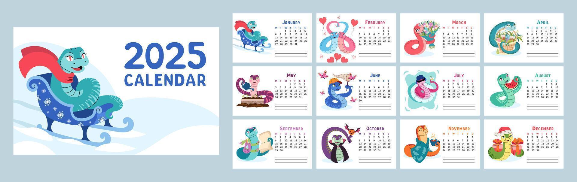 12 horizontal pages with Chinese New Year symbol. 2025 calendar with cute snake illustrations for each month. Colorful and playful snake characters representing different seasons and holidays. vector