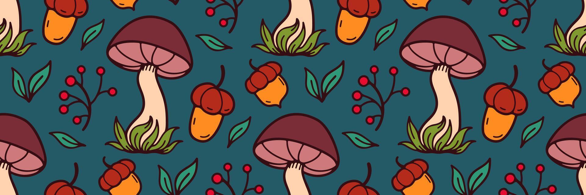 Autumn seamless pattern with mushrooms. perfect for seasonal textiles, wallpaper, wrapping paper, greeting cards, and home decor. Beautiful woodland garden in nature. doodle illustration. vector