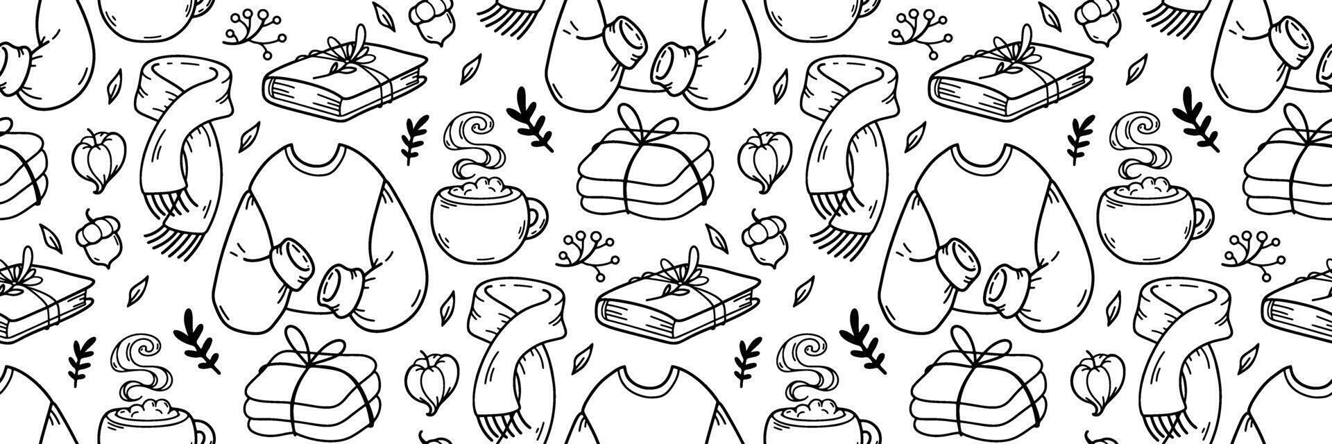 Cozy Autumn outline seamless pattern. hand drawn doodle warm sweater, scarf, stack of soft clothes. Cozy autumn background. Bookish melancholic mood. For wallpaper, invitation. illustration. vector