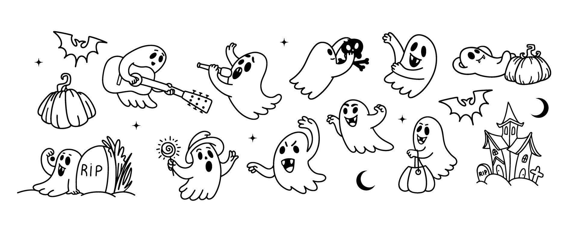 Happy Halloween doodle ghost set. Collection of Different cute spooky boo characters for sticker pack. Happy Halloween background with outline ghost, Pumpkin, tombstone, bat, house illustration vector