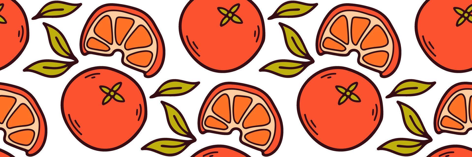 Christmas mandarin seamless pattern. Whole orange and slices, leaves. Fresh and cozy background for autumn and winter. For wallpaper, packaging, brand, market, cafe, menu. doodle illustration. vector