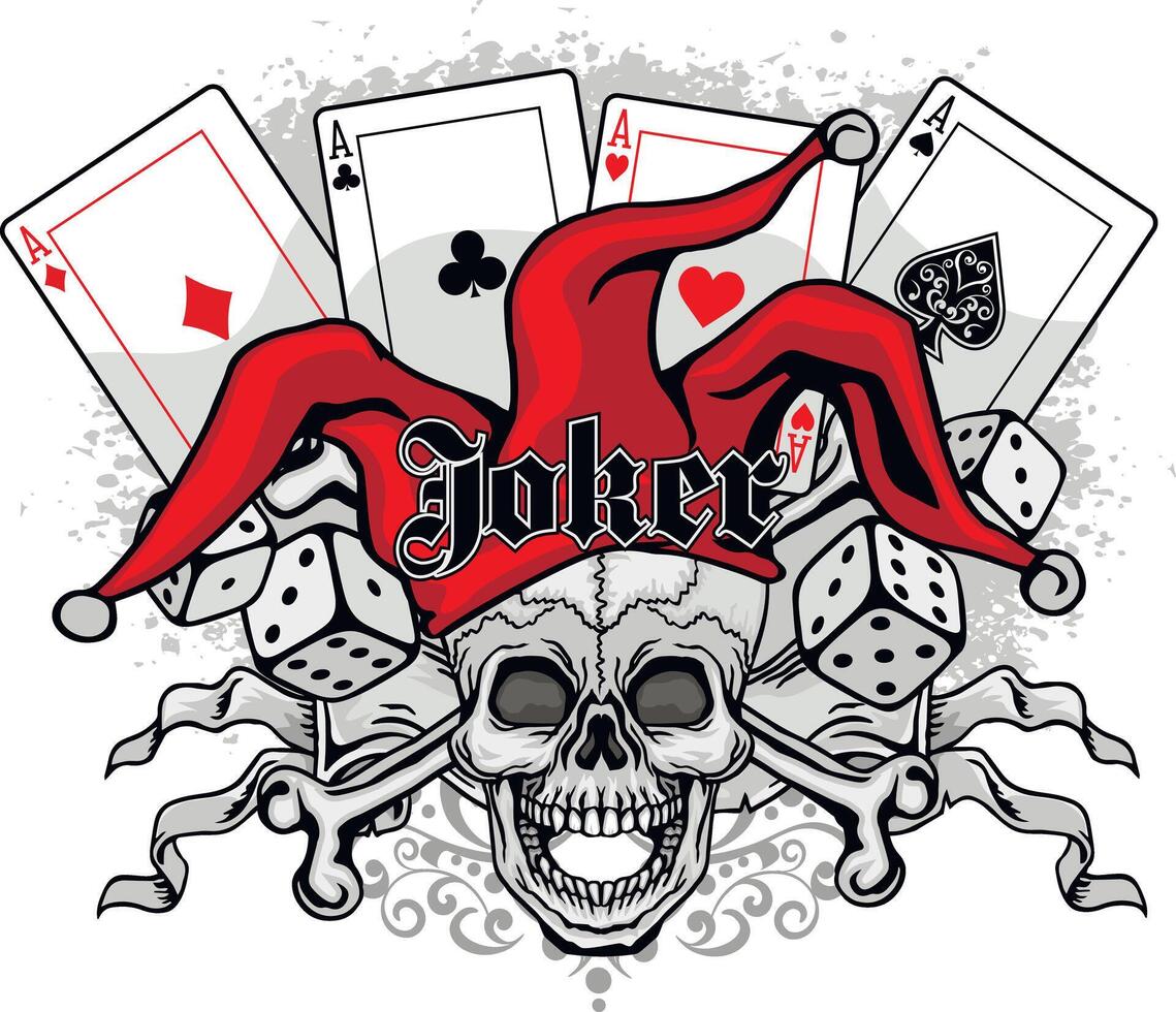 skull in joker cap and playing cards and dice vector