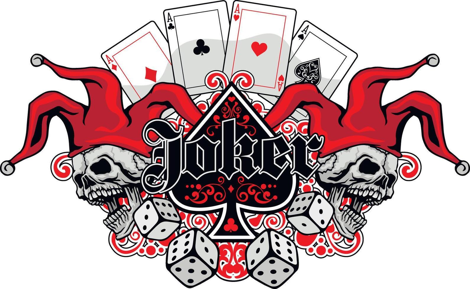 skull in joker cap and playing cards, aces and dice vector