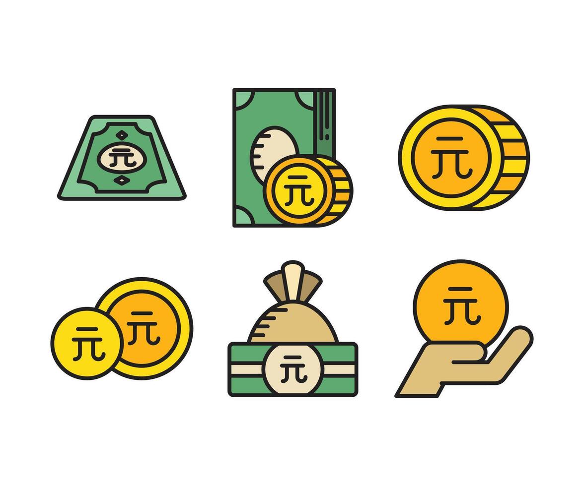 Chinese Yuan money coin and banknote icons vector