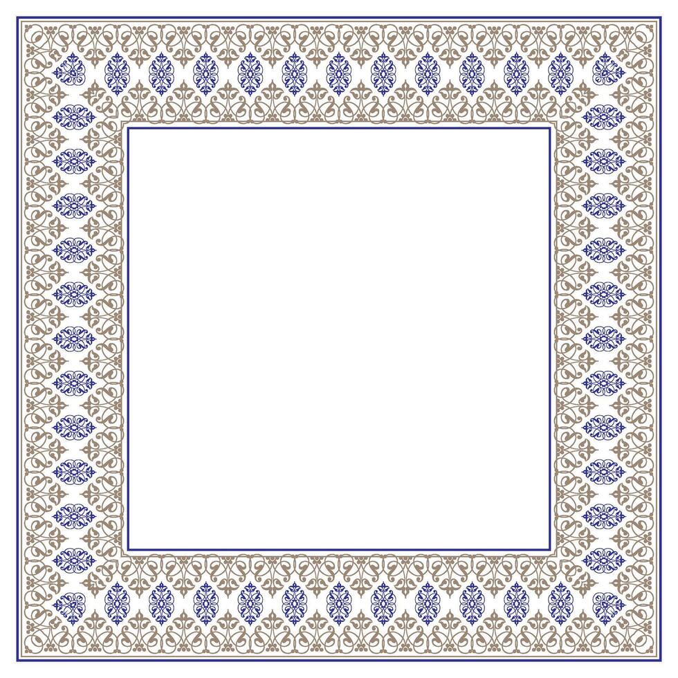 Beautiful square frame arabesque. Gold blue plate with floral design. Ornate element for design for wedding invitations, greeting cards. Traditional decor for square surfaces, textiles, embroidery. vector