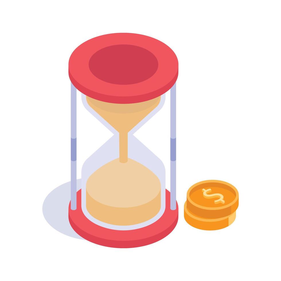 An hourglass with a coin, financial planning, time is money isometric icon vector