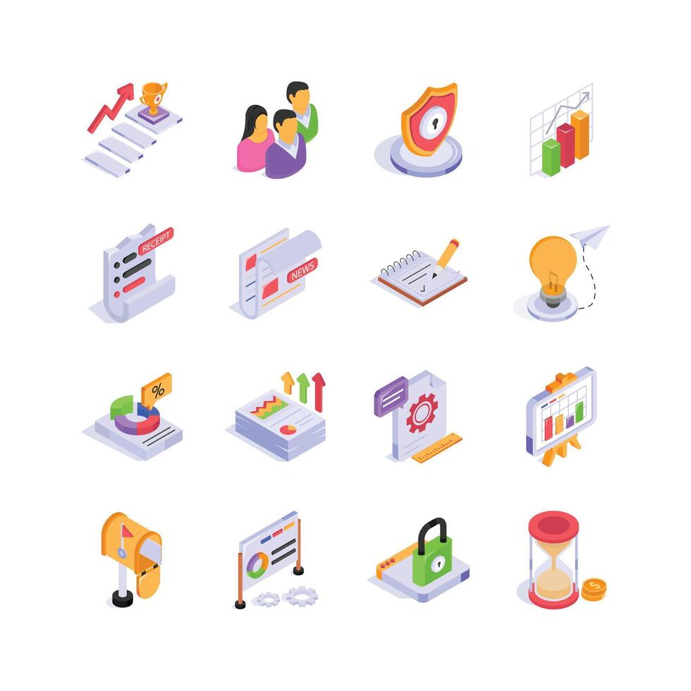 Boost your projects with this vibrant set project of management isometric icons vector