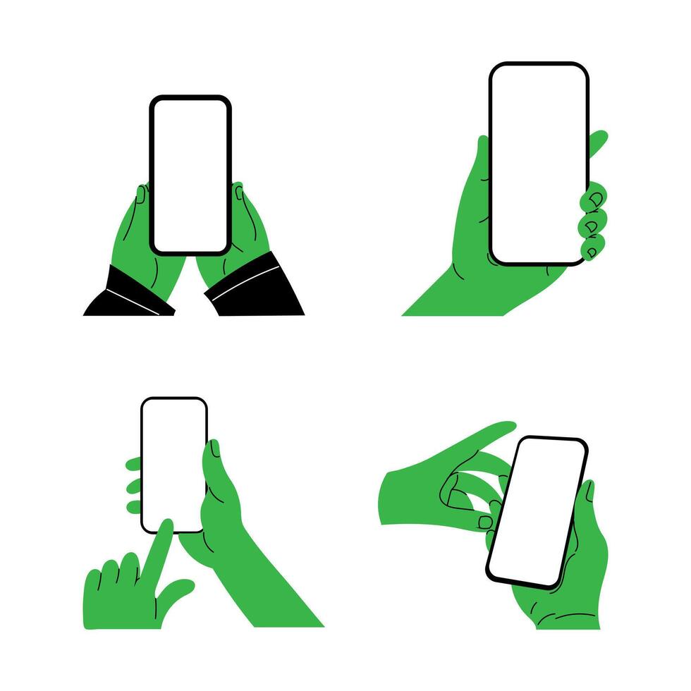 Four hands holding a smartphone in different positions. vector