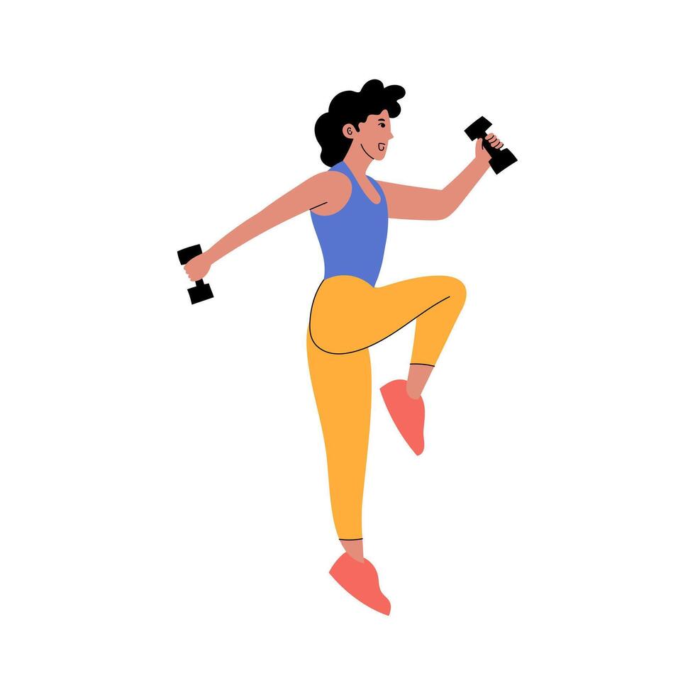 A woman enjoys her daily exercise with dumbbells. vector