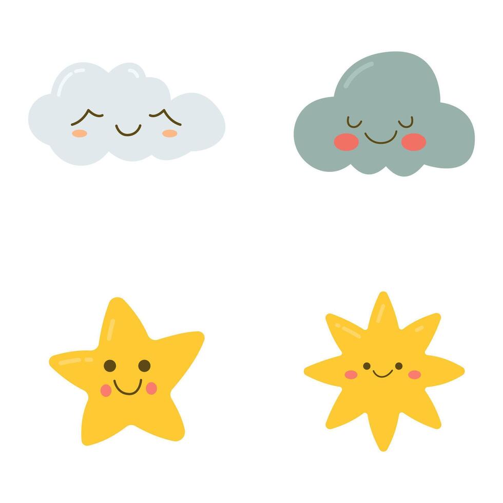 Set of Cute Rain Cloud Star Sun Cartoon Character in the Sky vector