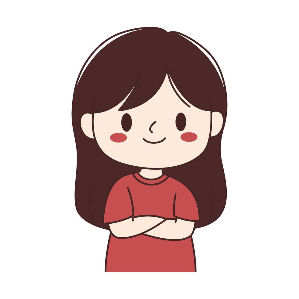 Cute Beautiful Young Girl Cartoon Character Crossing Hands with Happy Expression vector