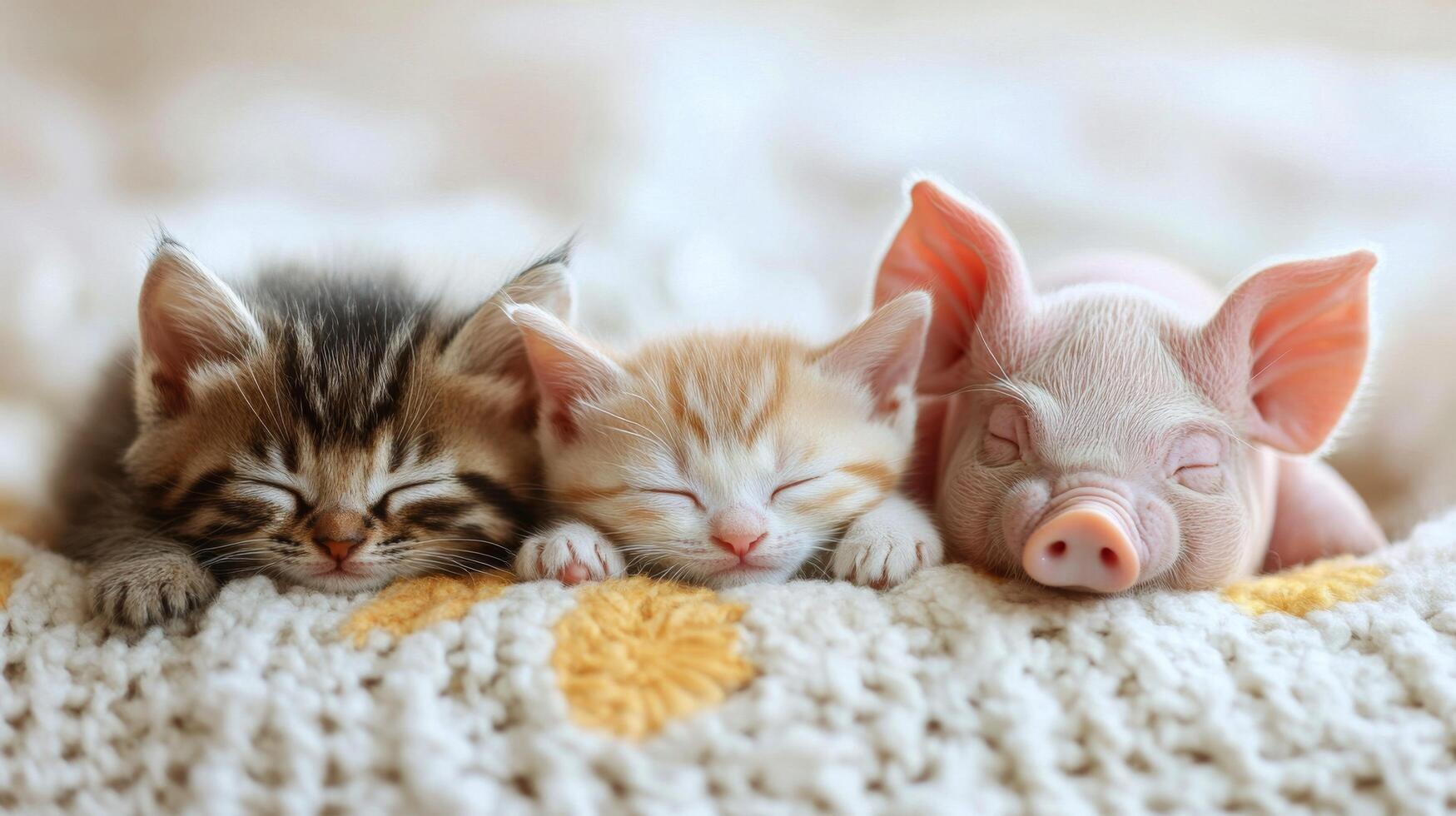Three adorable sleeping animals cuddle together on a soft blanket in a cozy environment photo
