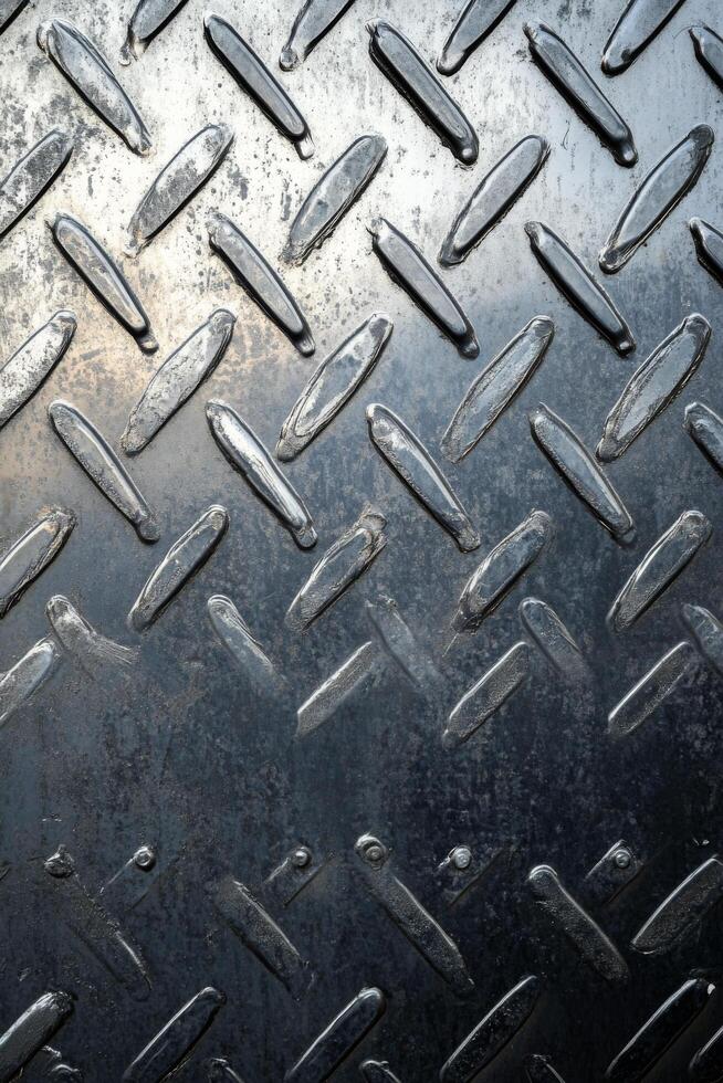Close-up view of textured metal sheet with diamond pattern and reflective surface photo