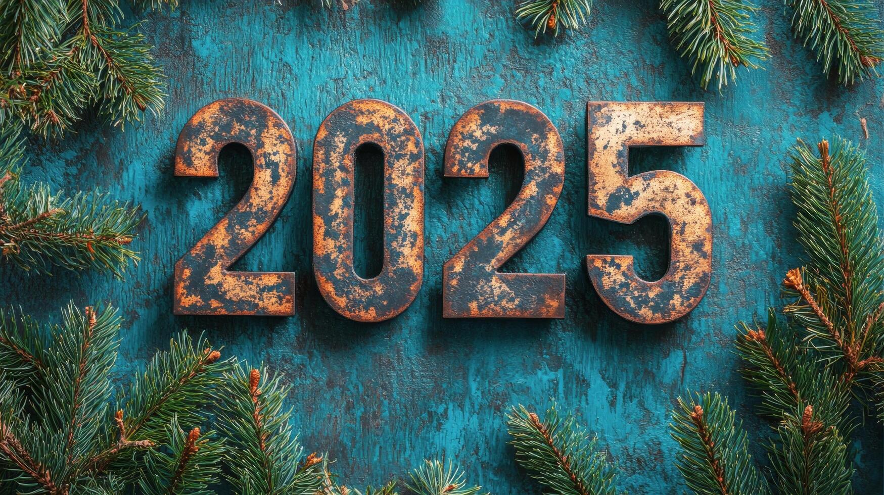 New Year's celebration 2025 symbolized by vintage numbers surrounded by evergreen branches photo