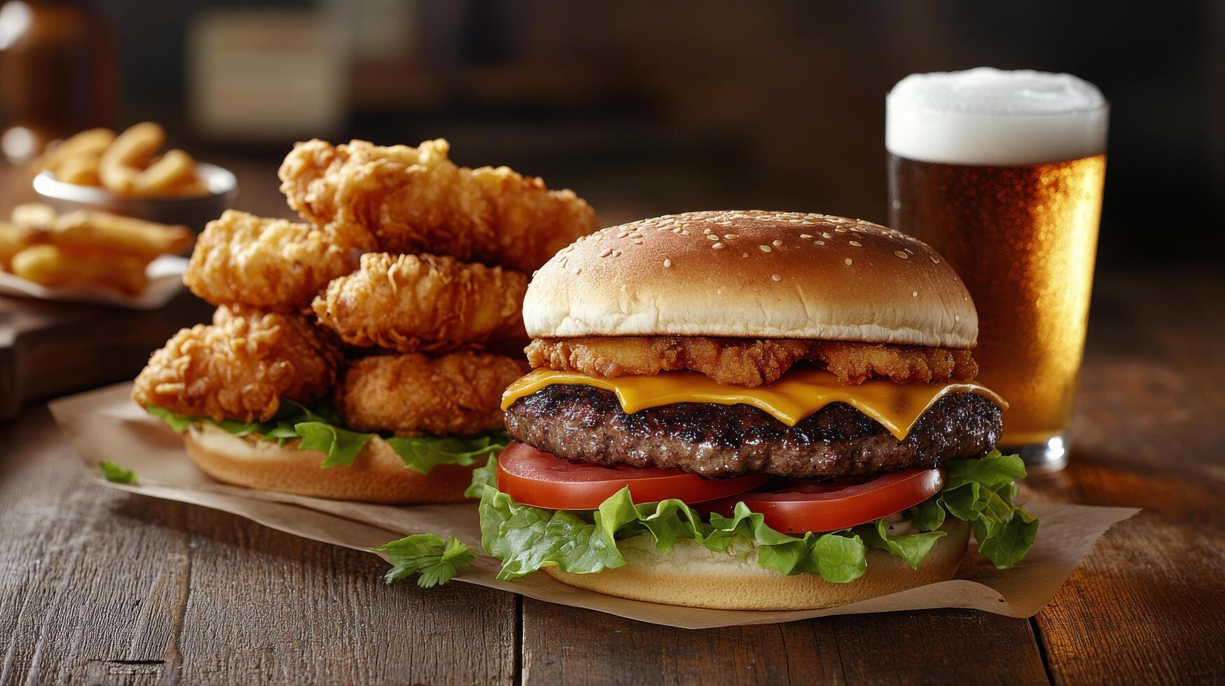 Delicious burger with cheese, fresh vegetables, and fried chicken served with a cold beer photo