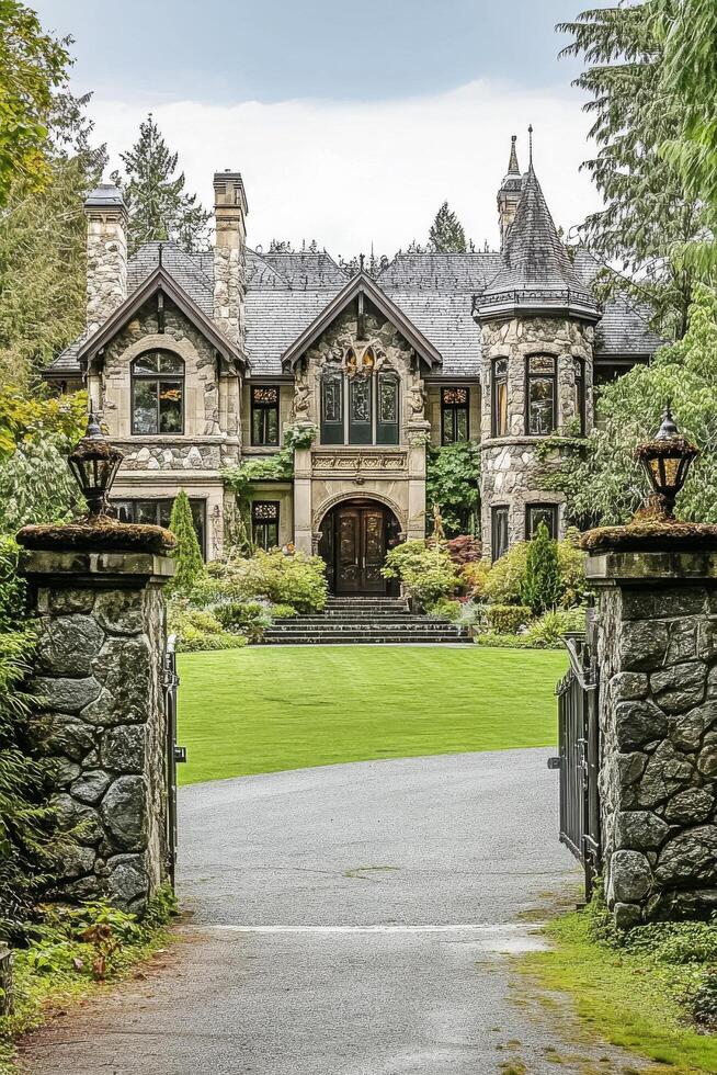 Stunning mansion with stone facade and lush gardens in a wooded setting photo