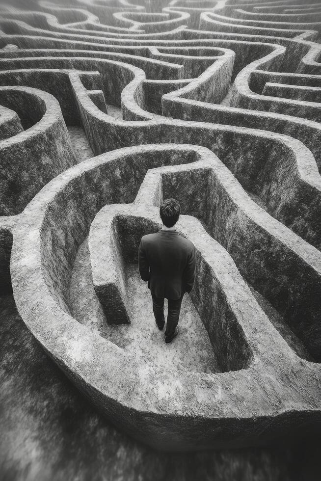 A person standing at the entrance of a maze in a minimalist concrete environment during daytime photo