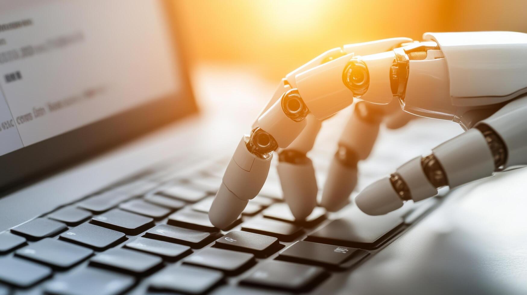 A robotic hand reaches out to connect with a laptop keyboard in a futuristic digital environment photo
