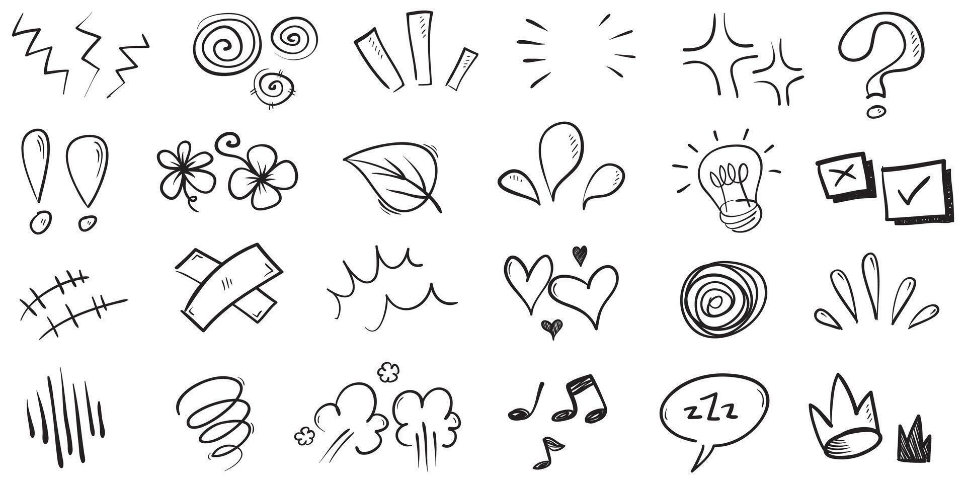 Doodle set of hand-drawn cartoony expression sign doodle, curve directional arrows, emoticon effects design elements, cartoon character emotion symbols, cute decorative brush stroke lines. vector