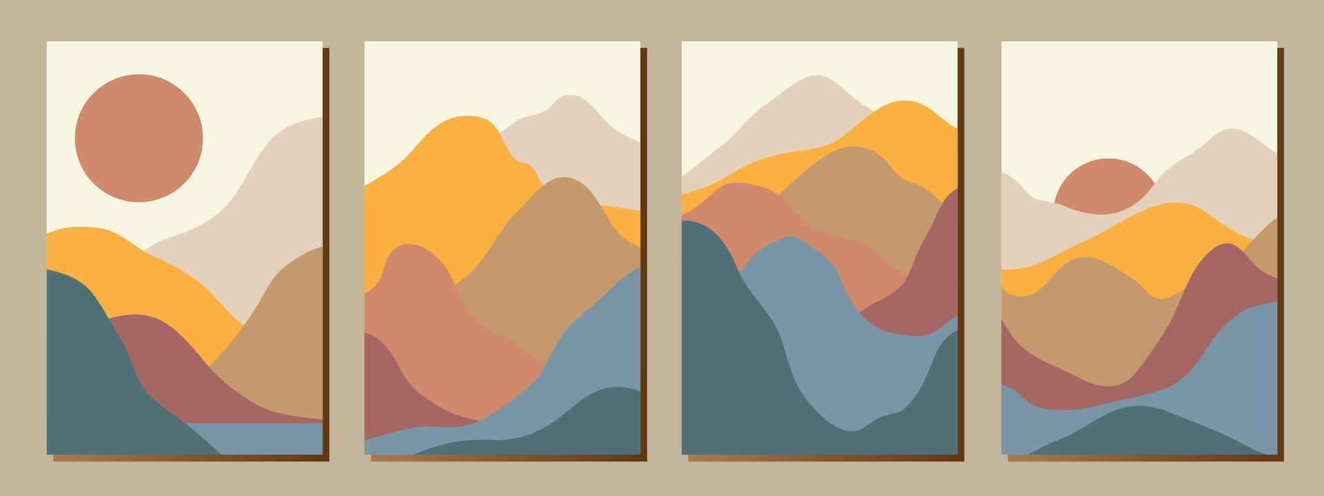 Set of creative abstract mountain landscape and mountain range backgrounds.Mid century modern illustrations with hand drawn mountains,sea or lake,sky,sun and moon.Trendy vector