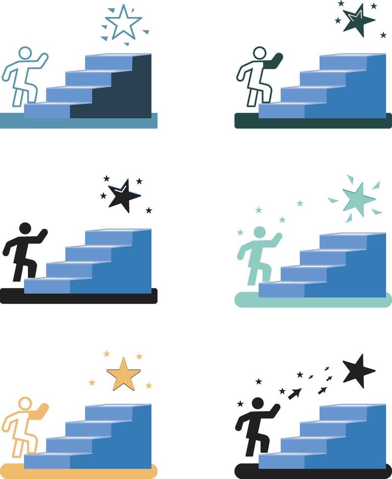 People reaching star book stairs icon set with white background, vector