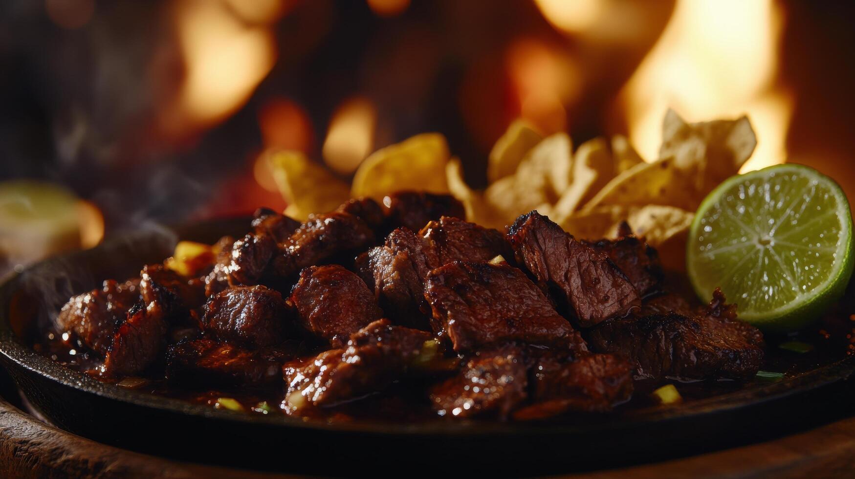 Grilled steak served with lime and tortilla chips by a warm campfire at dusk photo