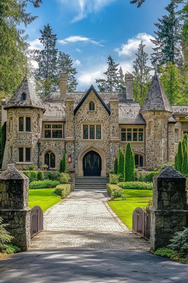 Stunning mansion with stone facade and lush gardens in a wooded setting photo