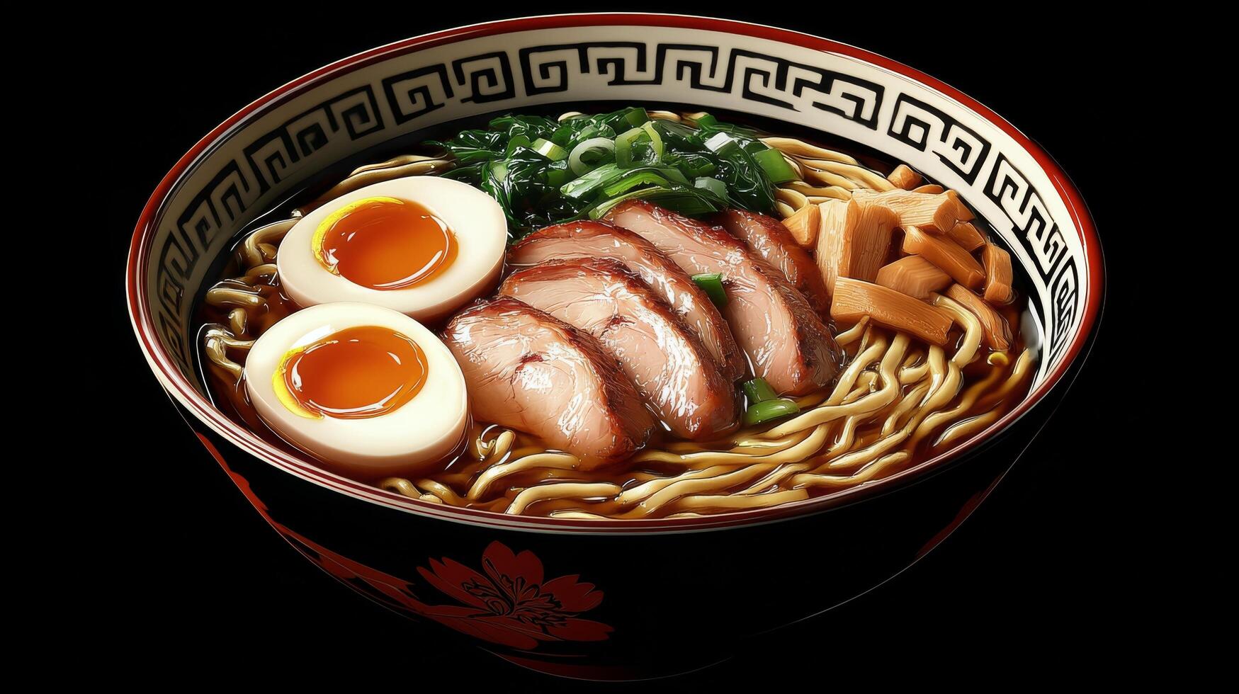 Tasty ramen bowl with tender meat, corn, green onions, and soft-boiled eggs on black photo