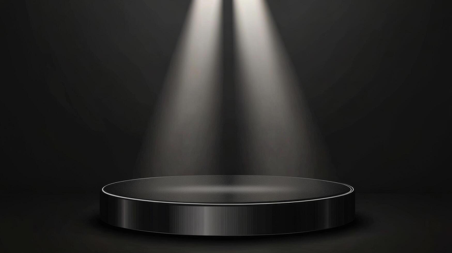 A darkened performance stage with focused overhead lights highlighting a circular platform photo