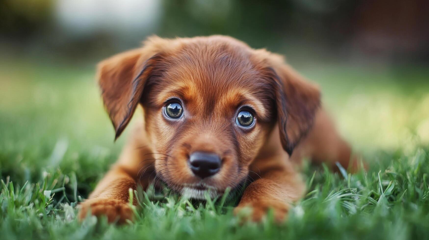 A playful puppy resting on green grass during a sunny afternoon in a park photo