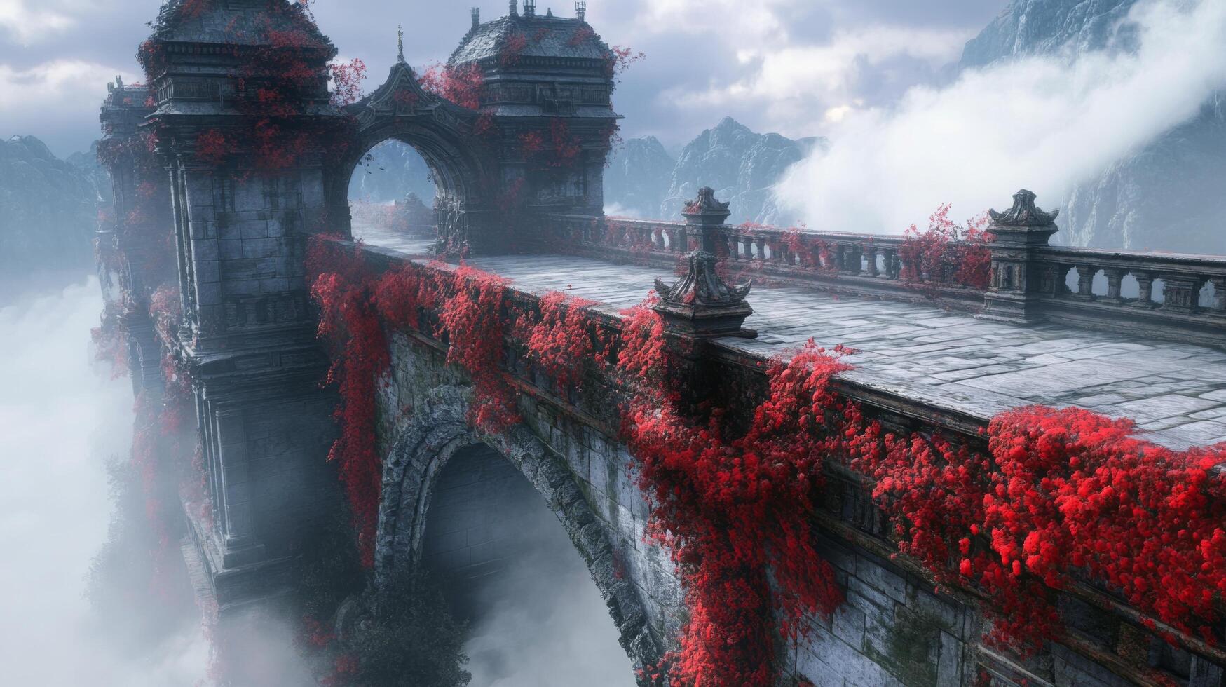 Ancient stone bridge draped in vibrant red foliage against a misty mountain backdrop photo